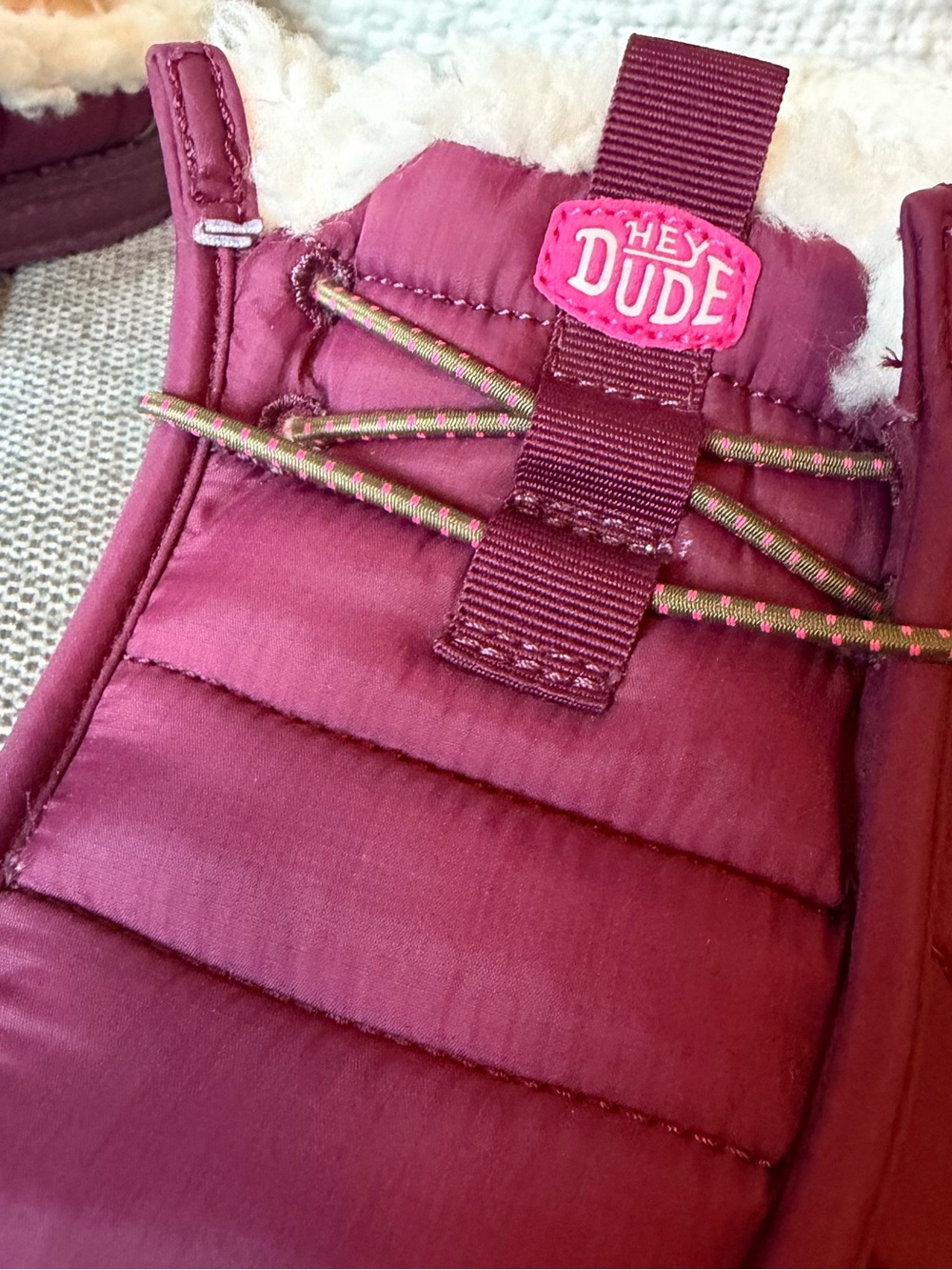 Hey Dude Burgundy Quilted Faux-Fur Lined Slip-Ons with Pink Logo - Picture 8 of 8